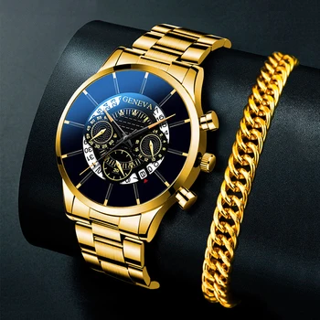 Moda Barbati Calendar Ceasuri de Oameni de Afaceri din Oțel Inoxidabil de Aur Cuarț Ceasuri de mana 2023 Masculin Ceas Bratara Set часы мужские
