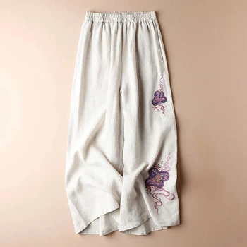 Moda Broderie Lenjerie de pat din Bumbac Pantaloni Largi Picior Femei de Vară Liber de Înaltă Talie Elastic Streetwear Direct Glezna-lungime Pantaloni Noi