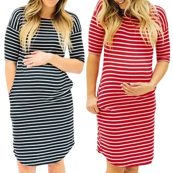 Moda Casual Sarcina Rochie Femei O-gât Gravide de Maternitate Alăptează Short Sleeve Stripe Rochii de Vara Zwangerschaps Kleding#