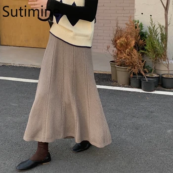 Moda coreeană Iarna Fuste Femei 2021 Midi Solid Fusta cu Dungi Tricotate Fusta cu talie Inalta Anglia de Mult Femeile Sirena Fuste