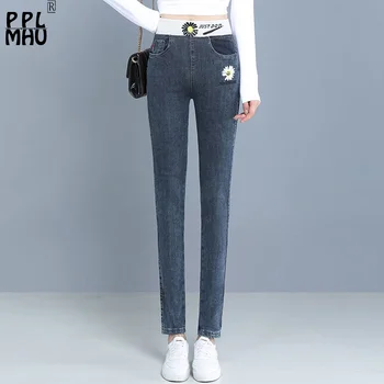 Moda Coreeană Talie Inalta Blugi Skinny Femei Supradimensionat 34 Slim Pantaloni Din Denim Brodat Vaqueros Albastru Stretch Pantaloni De Creion