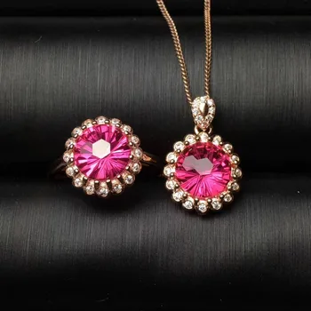 Moda de Floarea-soarelui Naturale roz de Artificii topaz inel Pandantiv Naturale Piatră prețioasă de Bijuterii Seturi Argint 925 Femei partid de bijuterii cadou