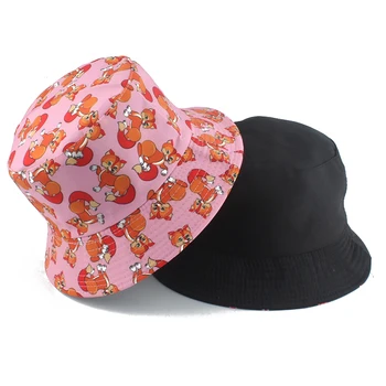Moda Drăguț Roz Găleată Pălărie De Vară De Călătorie De Pescuit De Plajă Pălării De Soare Pentru Femei Animal Vulpe Print Hip Hop Capac Bărbați Reversibile Bob Pălărie
