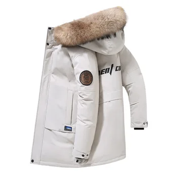 Moda Guler de Blană Sacou Vânt Bărbați Haine de Iarnă & Parkas 90% Alb Rață Jos Jachete Men Lung în Jos Straturi de Îmbrăcăminte exterioară Cald