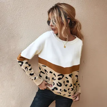Moda Leopard Mozaic de Toamna Iarna 2021 Doamnelor Tricotate Pulover Femei O-gat Maneci Jumper Pulovere Top Kaki Maro