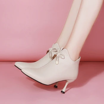 Moda Toamna anului 2022 Femei Cizme Bej Subliniat Toe Glezna Cizme Tocuri Pantofi pentru Femeie Cizme Glezna cu Fermoar Pantofi de Femei Botas Mujer