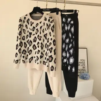 NAKKESHMEN de Primăvară Femei Tricot Leopard Pulovere Pulover+Pantaloni Seturi Femeie de Moda Pulovere Pantaloni 2 BUC Femeie Costume pentru Tinuta
