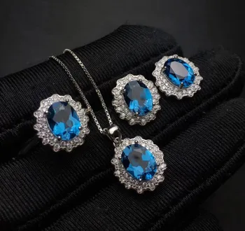 Naturale topaz albastru bijuterie inel cercei Pandantiv de Piatră prețioasă Naturale Set de Bijuterii de Argint 925 de Moda Elegant rotund Femei bijuterii de nunta