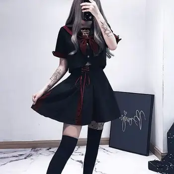 Negru uniformă Școlară JK rochie Marinar rochie de Primavara-Punk Fată Japoneză