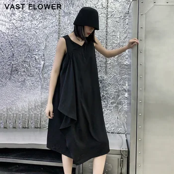 Neregulate Mozaic Negru Cu Spatele Gol Rochie Vesta Femei Noi V-Neck Fără Mâneci Moda Vrac Casual Elegant De Epocă Rochie De Vară 2021