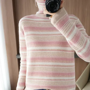Noi cașmir pulover femei de înaltă gât pulover pulover de lână cu dungi bottom puloverul versatil tricotate bottom tricou stil cald