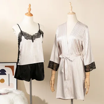 Noi Femeile 3Pcs Costum de Pijama, Pijamale Seturi de Primavara-Vara, cu Dungi de Imprimare Satin Acasă Poarte îmbrăcăminte de noapte