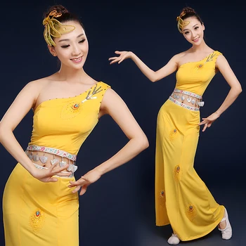 Noi Tradițională Chineză Rochie Fete Femei Dai Național De Folk Dans Fan Costum Lunga, Sirena, Păun Dans Rochie Costum