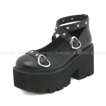 Noile Pompe de Femei Rotund Deget de la picior Toc Indesata Toc de Curea Cataramă Pantofi în Formă de Inimă Catarama Superficial de Metal Nit Pantofi de Moda