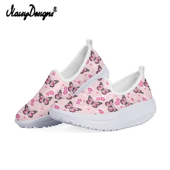 Noisydesigns Femei Pantofi Casual Ușor Aluneca Pe Plasă De Pană Platforma De Adidași Roz Drăguț Fluture De Imprimare Respirabil Leagăn De Pantofi