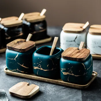 Nordic Marmură, Ceramică Condimente Poate cu Lingura de Lemn Set Acoperi Tava de uz casnic condimente cutie bucătărie condimente Accesorii