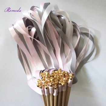 Noul Sosit 50pcs/lot gri roz și alb de Nunta panglică Baghete stick Fanioane cu aur Clopote pentru decor nunta