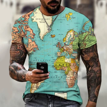 Nouă Bărbați T-shirt Hartă a Lumii 3D Graphic T-shirt Casual de zi cu Zi Topuri de Moda de Vara cu Maneci Scurte High Street, O-Neck Streetwear