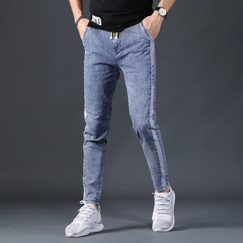 Oamenii Side Stripe Blue Jeans De Vara Barbati Direct Slim Fit Glezna-Lungime Pantaloni De Moda Streetwear Elastic Talie Pantaloni Din Denim