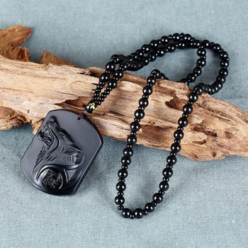 Obsidian negru Sculptate manual Naturale Obsidian Urlă Wolf Cap Amuleta Norocoasă Pandantiv Colier Bijuterii Cadouri pentru Bărbați Băiat