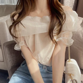 Ochiurilor De Plasă De Pe Umăr Topuri De Femei Puff Maneca Coreean Bluza Chic Cămașă De Vară Subțire Elegant Blusas Mujer De Moda 202215792