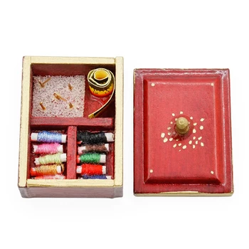 Odoria 1:12 Miniaturi Din Lemn De Cusut Cutie Cu Capac Croitor Instrument Living Home Set De Păpuși Accesorii Papusa Casa Decor