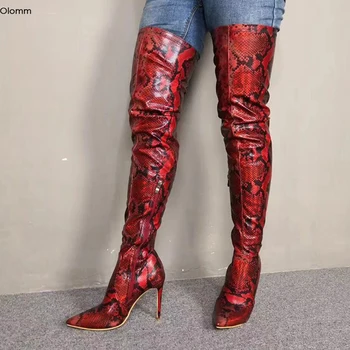 Olomm Femei Coapsei Cizme Înalte Stilet Tocuri inalte Cizme a Subliniat Toe Superba Șarpe 7 Culori de Partid Pantofi Femei Plus Dimensiune SUA 5-15
