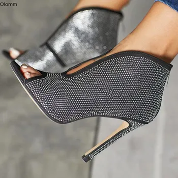 Olomm Nouă Femei de Moda de Vară Cristal Pompe Tocuri Subtiri de Mare Pompe Frumos Peep Toe Negri Superbi Pantofi de Partid Femei NE Dimensiune 5-15