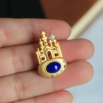 Original Design Încrustat Lapis Lazuli Perla Castelul Brosa Mini Mic Colier Rafinat Curtea Stil Copilăresc Femei Bijuterii