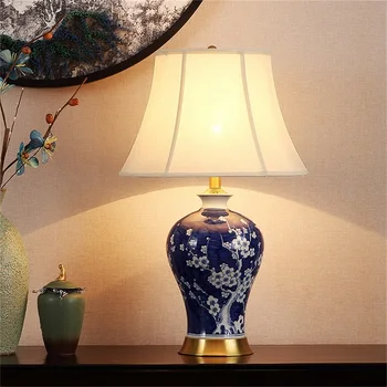 OURFENG LED Masă Lampă Albastru Ceramice de Cupru de Birou de Lux Tesatura usoara Noptiera Decorative pentru Casa Sufragerie, paturi Birou