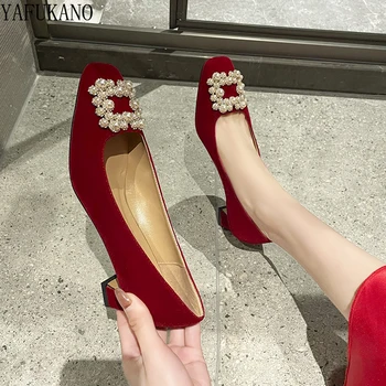 Pantofi de nunta femei 2022 francez de pantofi de mireasa Stil Chinezesc Xiuhe tocuri inalte de culoare roșie Pearl Stras Catarama Petrecere la Mijlocul Toc Pompe