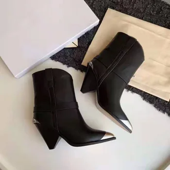 Pantofi pentru femei Paris Lamsy Glezna Cizme Negre din Piele de Vest Metal Deget de la picior Toc Conic Cizme de Moda