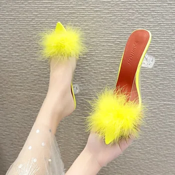 Pene de Blană din PVC Transparent de Înaltă Tocuri Femeie Papuci de casă Subliniat Toe Catâri Doamna Pompe de Diapozitive Stripteuză Pantofi Albi