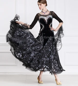 personaliza elegant cu maneci lungi negru foxtrot, Vals, tango, salsa concurs de dans rochie
