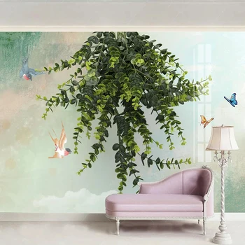 Personalizate 3D Murală Lumina Verde de Plante Proaspete Frunze, Flori Și Păsări Tapet Pentru Camera de zi Canapea Decor de Perete de Perete care Acoperă