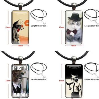 Personalizate Ochelari Drăguț Pisică Domn Bijuterii Cu Oțel Placat Cu Cabochon De Sticlă Cravată Lung Pandantiv Dreptunghi Colier Pentru