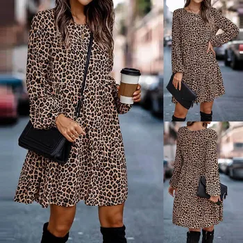 Petrecere Vintage Leopard Rochie De Toamna Cu Maneci Lungi Casual Lejere Casual, Halat De Moda Streetwear Supradimensionat Tricou Femei Rochie Vestidos