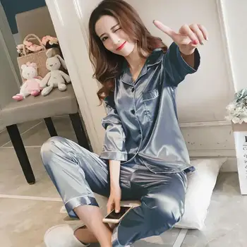 Petrecere în Pijamale 2021 Primavara Toamna Femei Noii Matase cu Maneci Lungi Set de Pijama Largi Femei, Plus Dimensiune Sleepwear Set Elastice Pantaloni Lungi