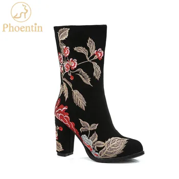 Phoentin etnice broderii florale cizme de vițel de mare tocuri închidere cu fermoar negru designer de pantofi pentru femei de lux 2019 new sosire FT807