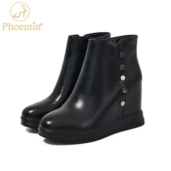 Phoentin Pană de Cizme cu Toc de Inaltime Creștere de Brand pentru Femei Cizme din Piele Secundare de Închidere Zip Metal Decor de Pantofi Negri FT1795