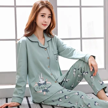 Pijamale De Bumbac De Sex Feminin Primavara Toamna Costum Cu Mâneci Lungi De Vară Nou Student Coreean Vrac Serviciu Acasă Două Piese Costum Femei Pijamale