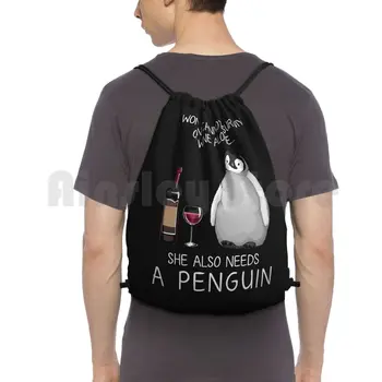 Pinguin Și Vin Amuzant, Iubitor De Pinguin Rucsac Cordon Geanta De Echitatie Alpinism Geanta Pinguin Pinguin Iubitorii De Pinguin Pinguin