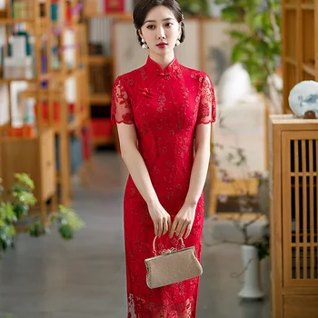 Plin Slip De Dantelă Îmbunătățit Cheongsam Chineză Broderie Tradițional Lung Rochie Retro Temperament Elegant Qipao Epocă Vestidos