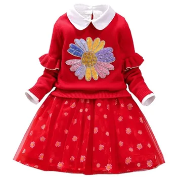 Primavara Toamna pentru Copii Seturi de Îmbrăcăminte pentru Fete Rosu Paiete Flori pulover Pulover Bumbac Ochiurilor Rochie 2 buc Set Haine Copii Fete
