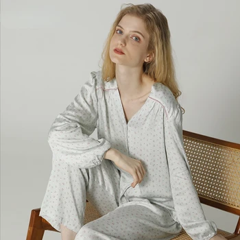 Primăvara 2021 Noi Idilic Satin Pijamale pentru Femei V-Neck mâneci Lungi, Pantaloni Costum Vascoza Floare de Imprimare de Două Bucata Set Pijamale