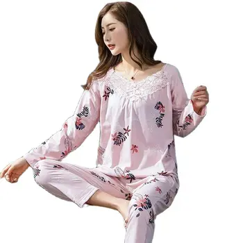 Primăvara Tricotate din Bumbac pentru Femei Set de Pijamale Pijama Floral cu Maneci Lungi Rotunde Gât 3XL de sex Feminin Lounge Homewear