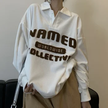 Pulover alb pentru Femei 2021 Toamna Femei Tricou Streetwear Scrisoare Broderie Vrac Guler de Camasa Casual de Top