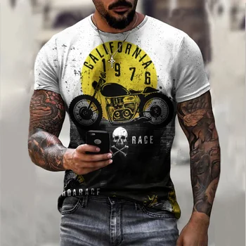 Retro Imprimare 3d în Jurul Gâtului pentru Bărbați T-shirt Stil de Moda de Stradă Supradimensionat tricou Motociclete Model de Camasa cu Maneci Scurte