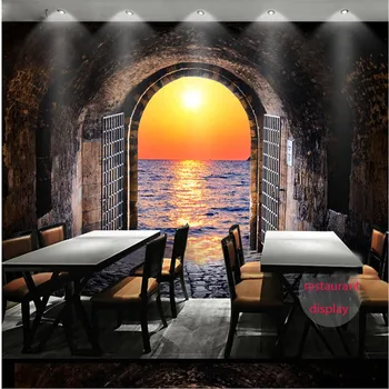 Retro Zid de Cărămidă Spațiu 3D Tunel Apus de soare peisaj Marin Foto Murale, imagini de Fundal pentru Bar Cafenea Restaurant Industriale Decor de Perete de Hârtie 3D