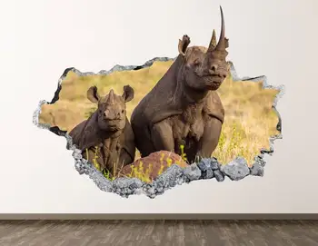 Rinocer Familie de Perete Decal - Animal 3D Distrus Arta de Perete Autocolant Decor Camera pentru Copii Vinil Acasă Poster Cadou Personalizat KD507